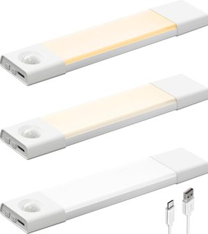 3 Pack 8" Motion Sensor Light, Rechargeable, Stick on Under Cabinet Lighting, 30 LEDs, Dimmable, 3 Color Temps, for Wardrobe, Pantry, Kitchen