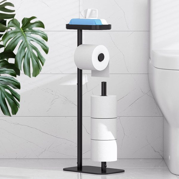 Toilet Paper Holder Free Standing, Rustproof Metal Stand for 4 Rolls, with Shelf for Phone, Bathroom Organizer, Black
