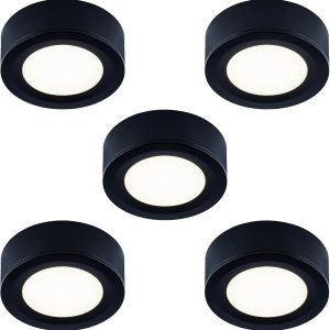 Wired LED Puck Lights 120V (2.7Wx5), Plug-in Warm White, LED Cabinet Light for Kitchen, Surface or Recess Mount, Black