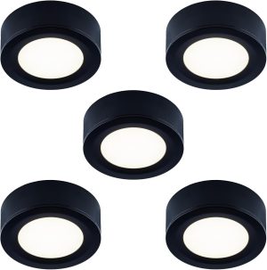 Wired LED Puck Lights 120V (2.7Wx5), Plug-in Warm White, LED Cabinet Light for Kitchen, Surface or Recess Mount, Black