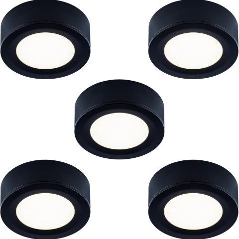 Wired LED Puck Lights 120V (2.7Wx5), Plug-in Warm White, LED Cabinet Light for Kitchen, Surface or Recess Mount, Black