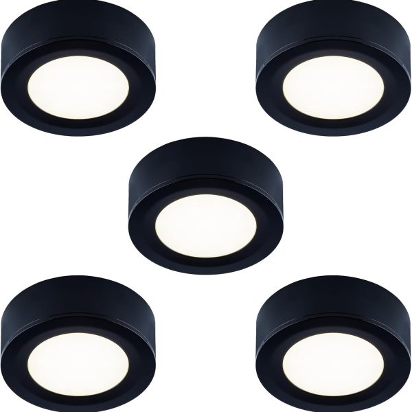 Wired LED Puck Lights 120V (2.7Wx5), Plug-in Warm White, LED Cabinet Light for Kitchen, Surface or Recess Mount, Black