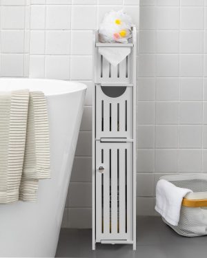 Bathroom Storage Cabinet, Small Cabinet with Toilet Paper Holder for Mega Roll, White
