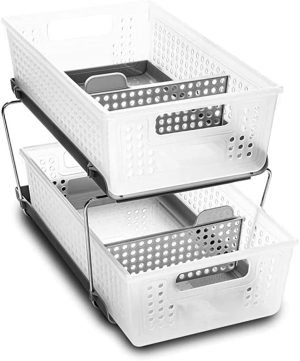 2 Tier Bath Organizer, Under Sink Storage with Sliding Drawers, for Cleaning Supplies, Pantry, Sponges, Bottles, Adjustable Dividers