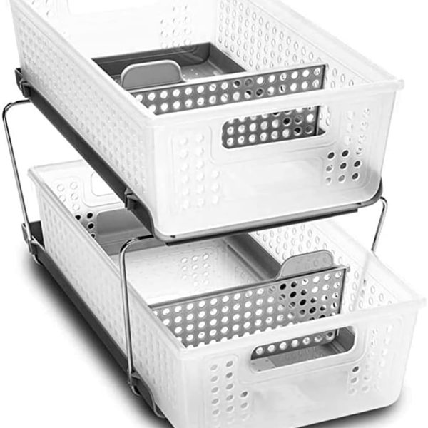 2 Tier Bath Organizer, Under Sink Storage with Sliding Drawers, for Cleaning Supplies, Pantry, Sponges, Bottles, Adjustable Dividers