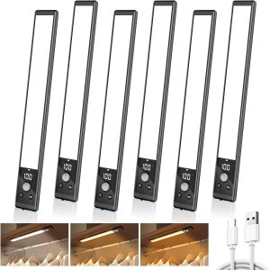 6 Pack 10" Under Cabinet Lights with Digital Display, 52 LED Rechargeable Motion Sensor Light, 3 Color Temps, Magnetic Dimmable, for Kitchen