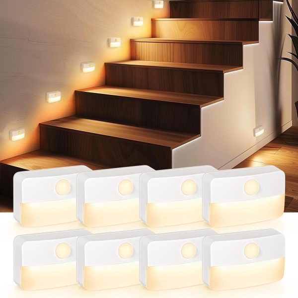 8 Pack Motion Sensor Stair Light, Battery Operated Closet Lights, Wireless Stick on Hallway Lamp, Night Lamps for Bedroom, Under Cabinet