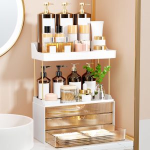 3 Large Drawers Makeup Organizer, 5 Tier Bathroom Counter Organizer, for Cosmetics, Skincare, Face Mask, Office Supplies, Amber