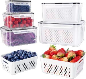 5 PCS Large Fruit Containers for Fridge, Leakproof with Removable Colander, Dishwasher & Microwave Safe, Keep Produce Fresh