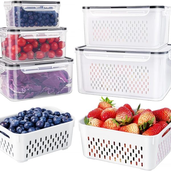 5 PCS Large Fruit Containers for Fridge, Leakproof with Removable Colander, Dishwasher & Microwave Safe, Keep Produce Fresh