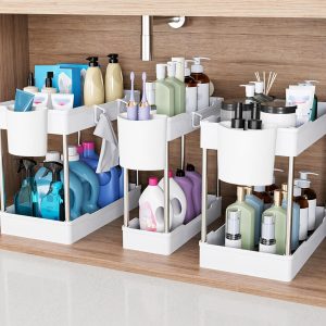 3 Pack Under Sink Organizers, 2 Tier Bathroom Cabinet Shelf with Hanging Cups, for Kitchen & Bathroom, White
