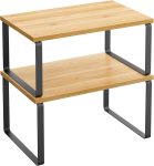 Cabinet Organizer Shelf, Set of 2, Kitchen Counter Shelves, Spice Rack, Stackable Expandable, Metal and Wood, 11.7 Inches