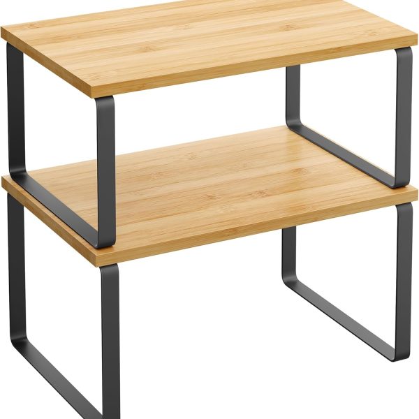 Cabinet Organizer Shelf, Set of 2, Kitchen Counter Shelves, Spice Rack, Stackable Expandable, Metal and Wood, 11.7 Inches