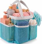 Laundry Mesh Shower Caddy, 7 Pocket Portable Bathroom Organizer Tote for Travel, Gym, Dorm, Collapsible, Blue