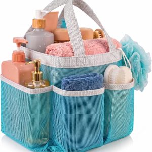 Laundry Mesh Shower Caddy, 7 Pocket Portable Bathroom Organizer Tote for Travel, Gym, Dorm, Collapsible, Blue