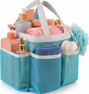 Laundry Mesh Shower Caddy, 7 Pocket Portable Bathroom Organizer Tote for Travel, Gym, Dorm, Collapsible, Blue
