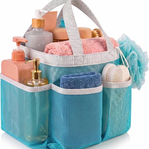 Laundry Mesh Shower Caddy, 7 Pocket Portable Bathroom Organizer Tote for Travel, Gym, Dorm, Collapsible, Blue