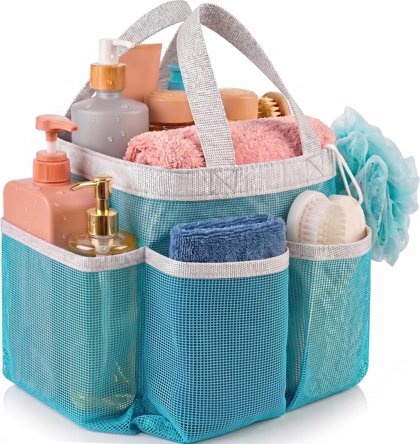 Laundry Mesh Shower Caddy, 7 Pocket Portable Bathroom Organizer Tote for Travel, Gym, Dorm, Collapsible, Blue